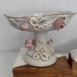 Vintage Hand Painted Porcelain Pedestal Bowl with Pink Floral Accents